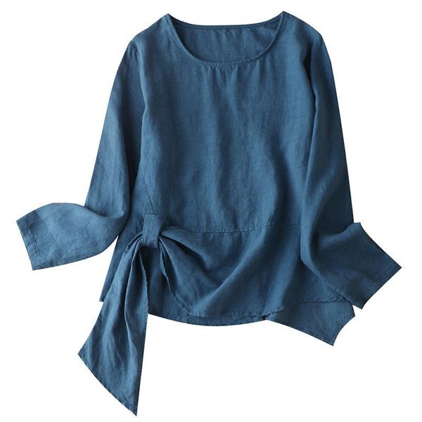 

100% linen women's early autumn new solid color long-sleeved design autumn clothes camisetas de mujer 2021 blue white