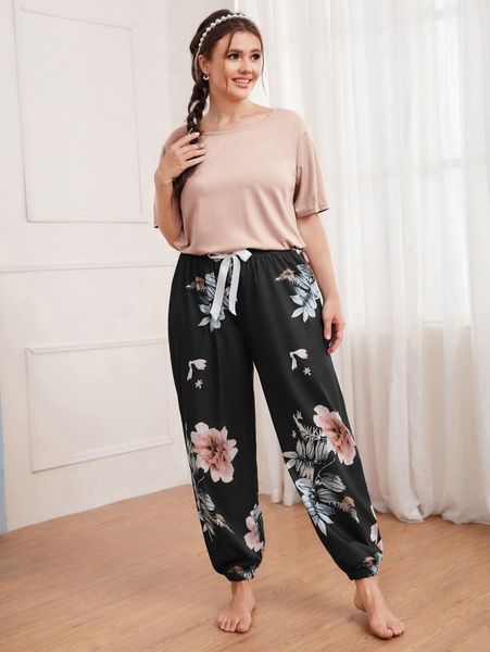 

plus floral print bow pajama set v2ui#, Black;white