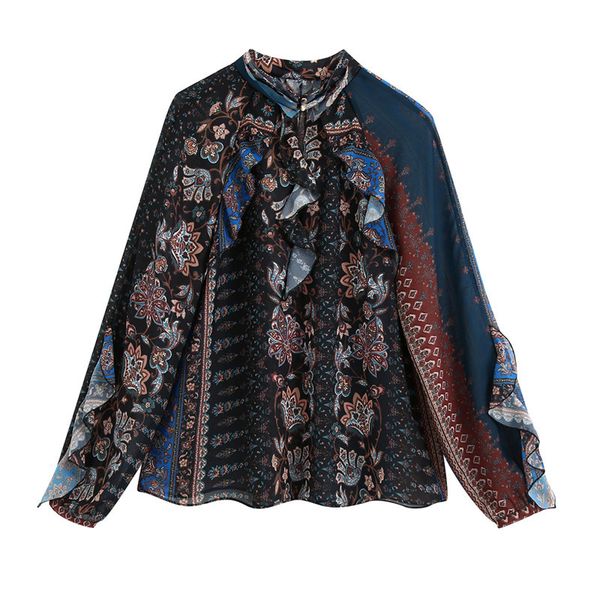 

2021 new fashion casual loose women blouses chiffon blouse long sleeve ruffles print shirts blusas mujer kcsb, Black