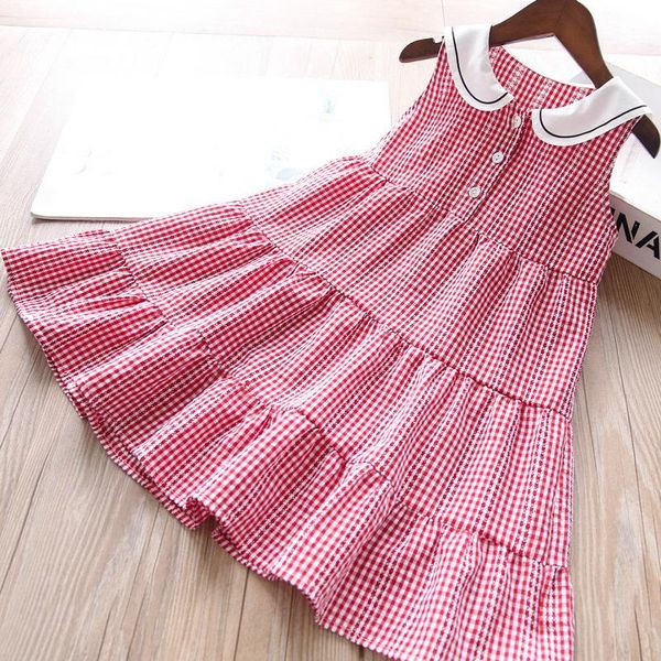 

girl's dresses 2021 summer girls turn-down collar plaid cotton sleeveless princess children clothes wholesale, Red;yellow