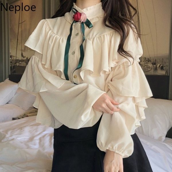 

neploe chic elegant ruffles lantern long sleeve chiffon shirt stand lace up bow button blusas autumn spring 2021 new blouse47436 210315, White