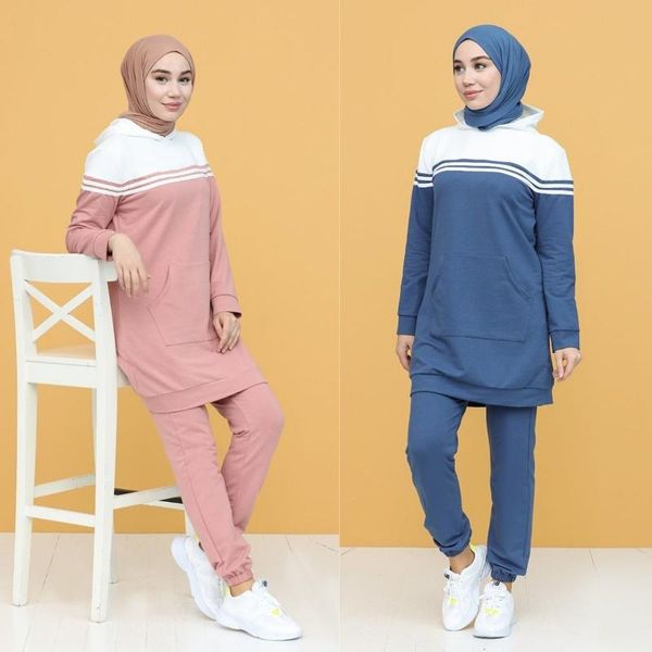 

ethnic clothing line detailed kangaroo pocket tracksuit set long seeve two colors seasonal women's muslim fashion hijab daily useful, Red