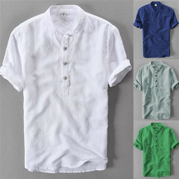 

men solid linen summer casual slim fitness short sleeve shirts man male stylish soft shirt blouse plus size kg-3, White;black