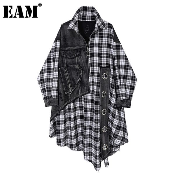 

[eam] women black plaid denim big size dress new lapel long sleeve loose fit fashion tide spring autumn 1dc284 210309, Black;gray