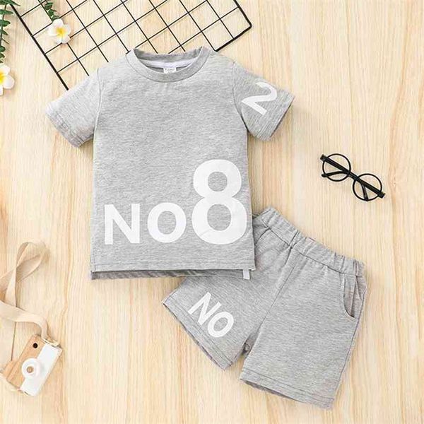 

summer children sets casual short sleeve o neck letter number 8 t-shirt gray shorts 2pcs boys clothes 210629, White