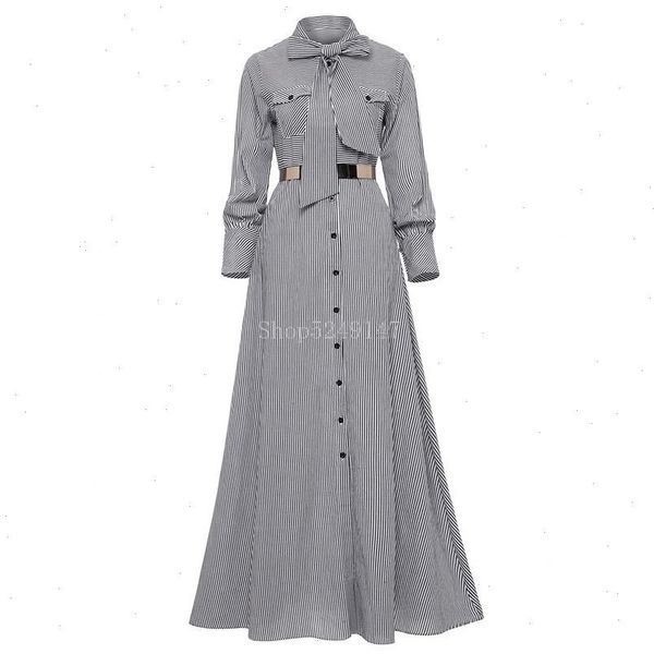 

women striped maxi dress floor length bowknot tie long sleeve loose button dress autumn pocket elegant a line casual long dress, Black;gray