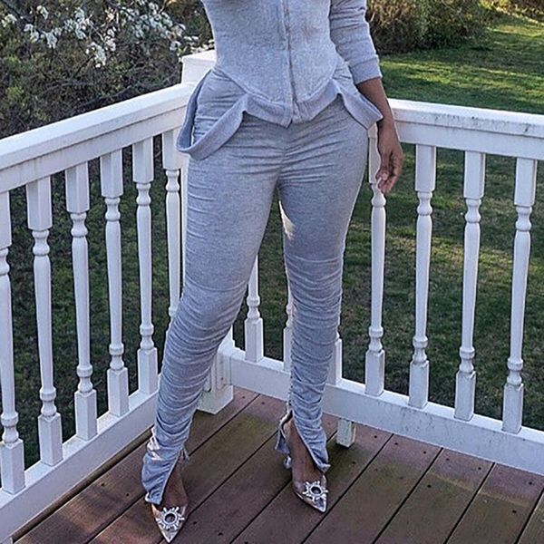 

solid color woman pants elastic high waist stacked leggings pants for women ruched slit skinny pants trousers femme pantalon, Gray