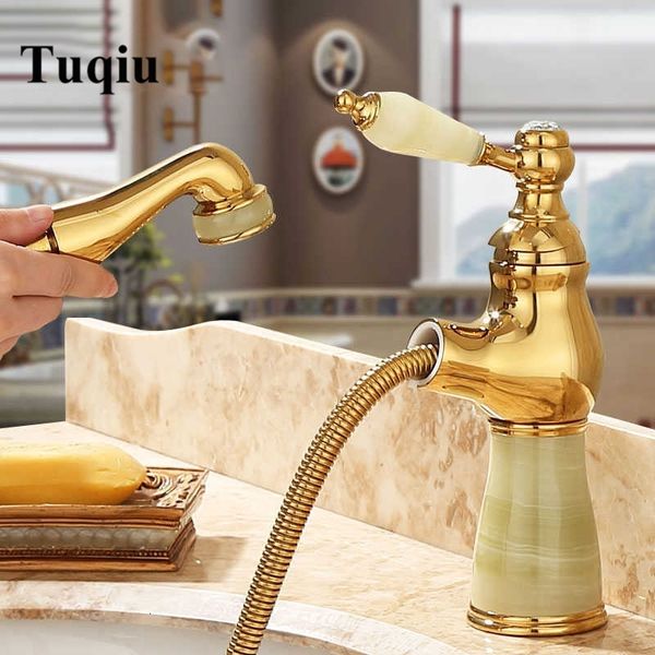 

2021 new pull out bathroom basin faucet with shower head water mixer sink single handle brass and jade gold tap 8vao