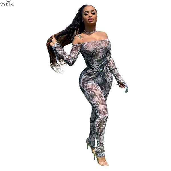 

women's jumpsuits & rompers women outfits off shoulder bodycon long sleeve dollar print clubwear playsuit skinny femme trousers club, Black;white