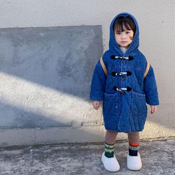 

down coat children's winter quilted mid-length hooded denim cotton jacket for boys and girls with velvet thick horn buttons, Blue;gray