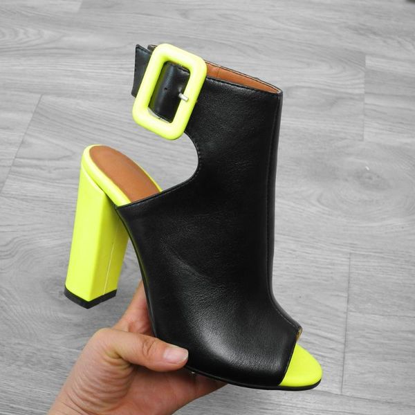 

dress shoes fluorescence black block high heel sandals women fashion open toe gladiator thick buckle summer plus size