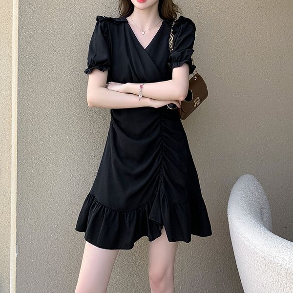 

dress for women black white irregular dresses korean style fashion short sleeve ruffles clothing v-neck casual summer, Black;gray