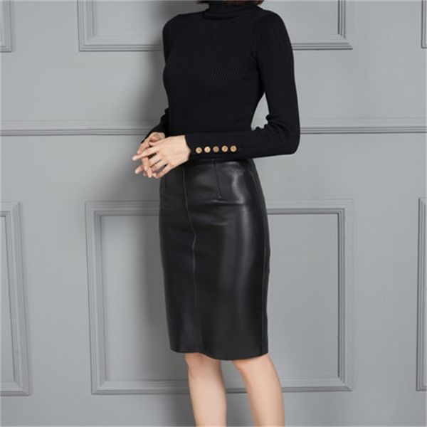 

2021 new fashion genuine royal sheep leather skirt k3 ew4l, Black