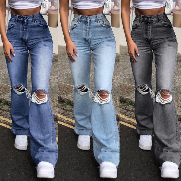 

women's jeans fashion high waist distressed flare ladies casual ripped hole wide leg pants, Blue