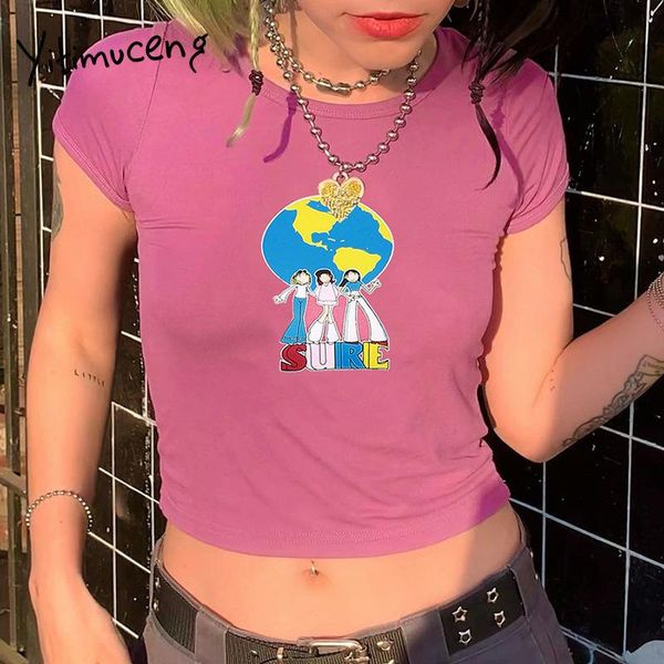 

women's t-shirt yitimuceng kawaii pink tshirts woman clothes crop print cartoon skinny streetwear short sleeve o-neck tee 2021 summ, White