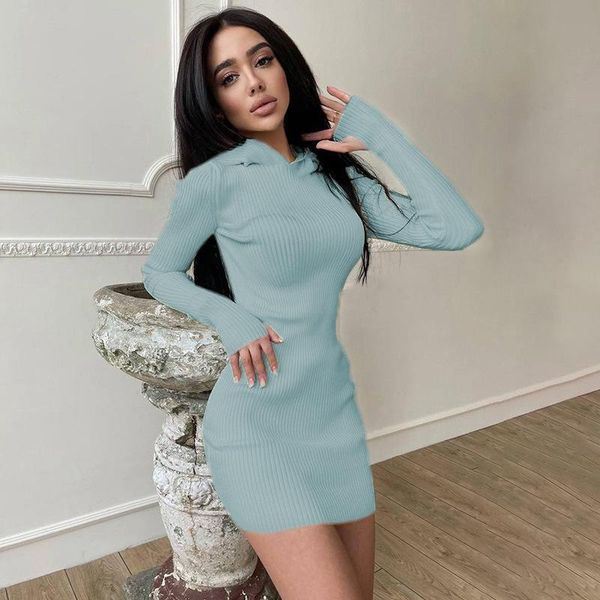 

casual dresses 2021 autumn winter fashion elegant knitted bodycon package hip women mini dress hooded long sleeve solid femme plus size, Black;gray