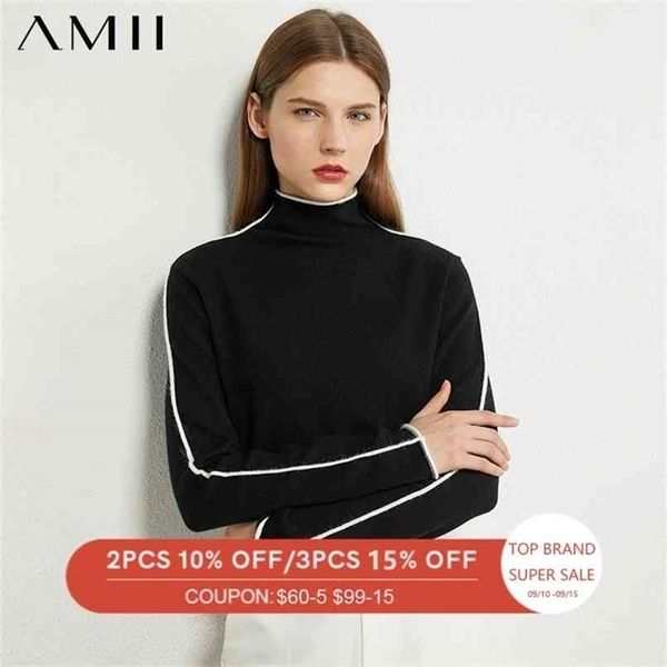 

amii minimalism autumn winter sweater for women causal spliced slim fit women's turtleneck sweaters female 12040303 210914, White;black