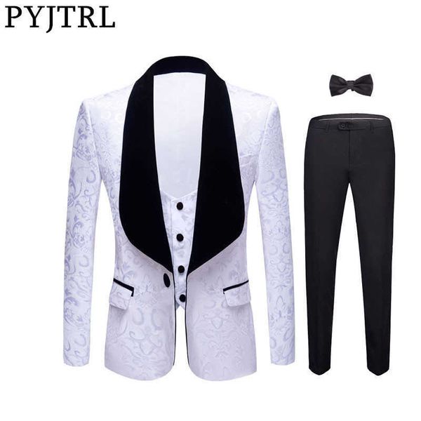 PYJTRL Nuovo 4 Pezzi Set Matrimonio Sposo Scialle Risvolto Jacquard Smoking Rosa Giallo Nero Rosso Bianco puro Slim Fit Abiti da ballo Uomo X0909