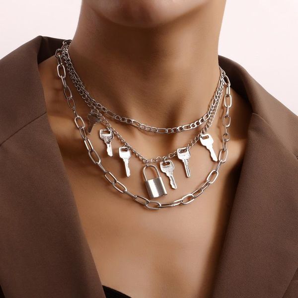 Chokers Vintage Punk Multilayer Metall Choker Schloss Schlüssel Kette Halskette Für Frauen Hip Hop Silber Farbe Kragen Party Mode Schmuck Geschenk