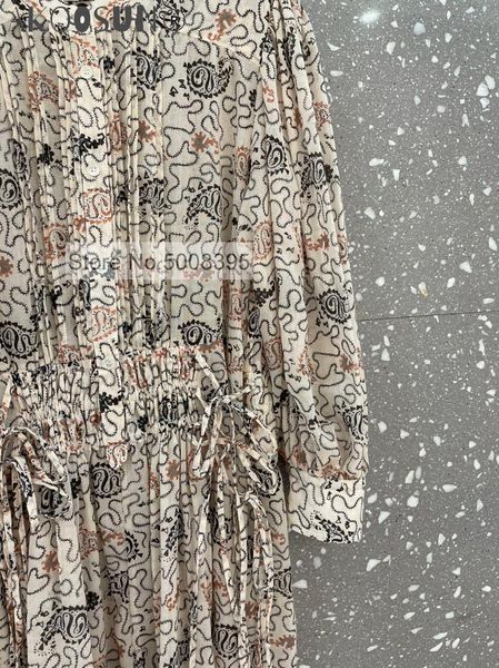 

casual dresses woman paisley floral print long shirt dress buttons front stand collar drawstring waist tied sleeves midi, Black;gray