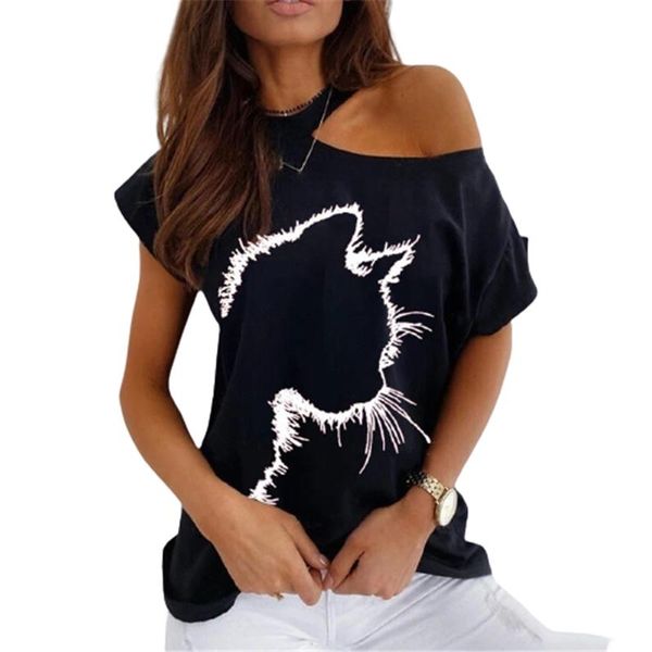 

women's t-shirt plus size 5xl cute sat print off shoulder women summer o-neck hollow out short sleeve harajuku casual streetwear tee, White