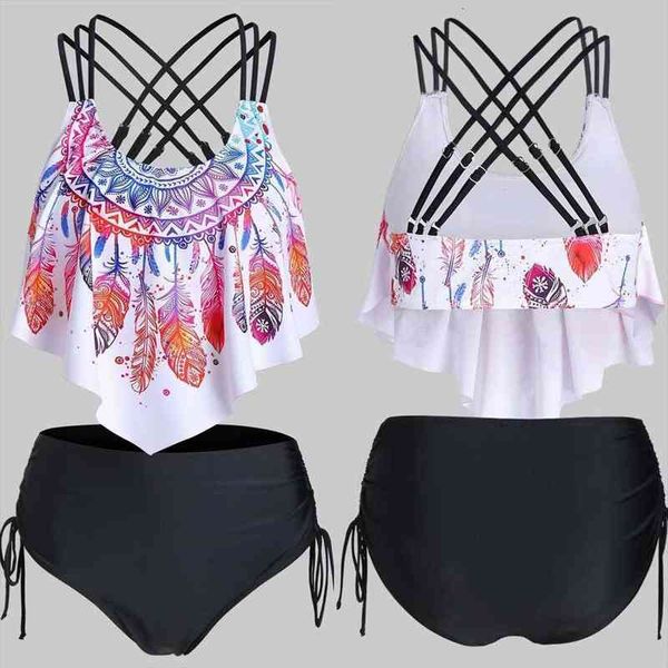 

plus size tankini swimsuits women feather print push-up padded overlay flounce crisscross tankini swimwear biquinis feminino 40, White;black