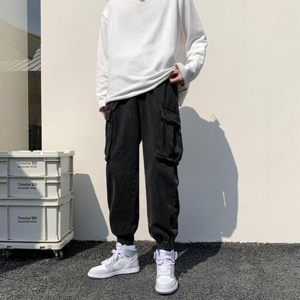 

autumn new retro frock jeans men's korean straight tube loose large pocket wide leg trousers, Blue