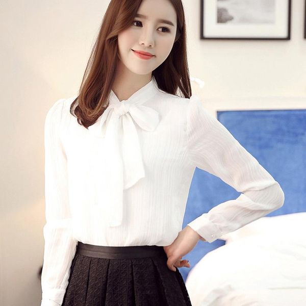 

office vintage shirt women blouse bow long sleeve shirt wild thin fashion casual elegant ladies work, White