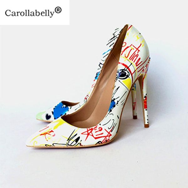 

dress shoes carollabelly 2021 women graffiti pumps pointed toe high heels patent leather stilettos heel party wedding, Black