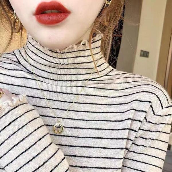 

women's t-shirt woman turtleneck cotton stripe tshirt 2021spring autumn fashion all-match slim long sleeve simple bottom elegant chic, White