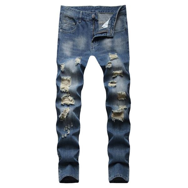 

men's jeans 2021 ripped leisure blue straight