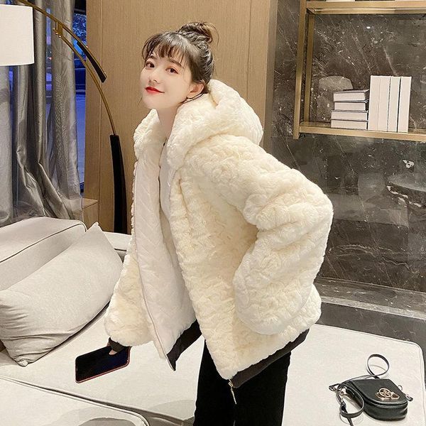 

women's fur & faux women 2021 autumn winter coat female hooded imitation jacket ladies casual warm fake outerwear z719, Black