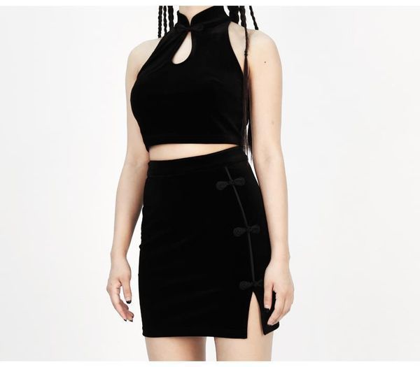 

velvet cheongsam and skirt summer vintage skirts punk rock hem split ends plate buckle tight women skirt sleeveless tee, Gray