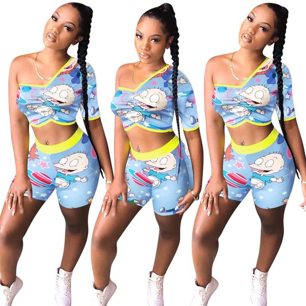 

women's single sleeve cartoon printed sports suit should out tshirt crop and shorts 2 pieces outfits sweat suit clothing nk120, White