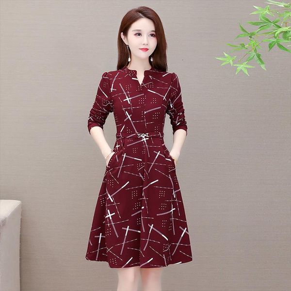 

spring autumn fashion print elegant women dresses long sleeve belt ol office ladies work plus size a line midi, Black;gray
