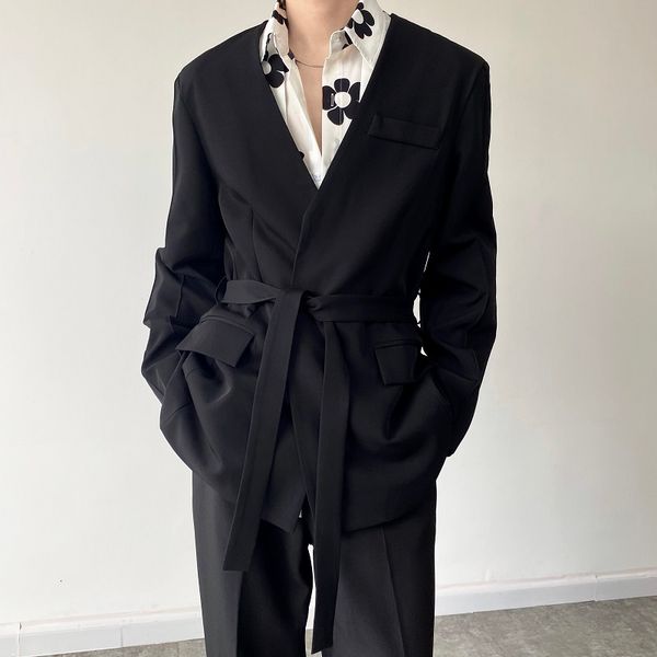 

men's suits & blazers fashion collarless lace-up blazer loose casual cardigan jacket korean streetwear stage show coat 8ngm, White;black