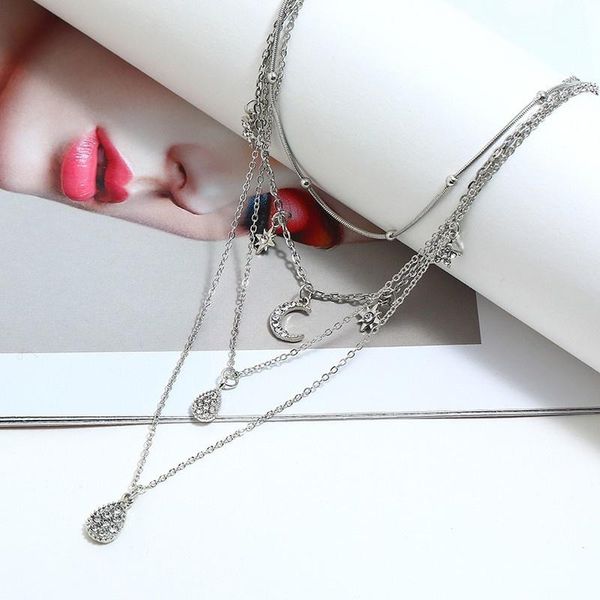 

chains bohemain fashion star moon crystal multilayer necklaces women drops choker pendants boho collier jewelry 2021, Silver