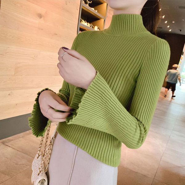 

2021 new woman sweaters autumn winter casual half turtleneck flare sleeve knittings elegant slim fit basic sweater women 1pk9, White;black