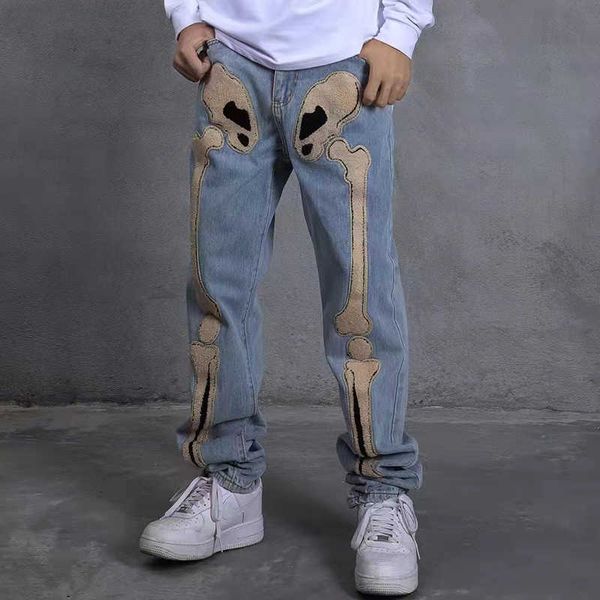 

men's broken jeans, embroidered bone scarf, straight pants, retro style, street clothes, oversized, casual, cowboy, Blue