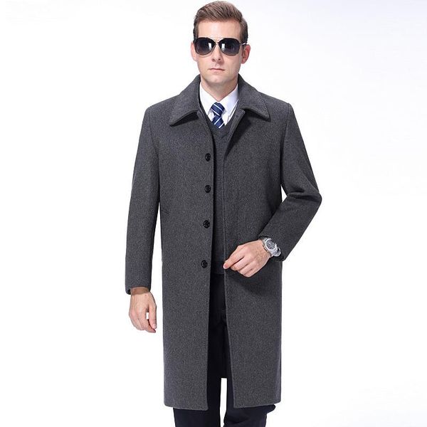

men's wool & blends 2021 autumn/winter wear men coat long cashmere thickened lapels for middle age jacket m-xxxxl, Black