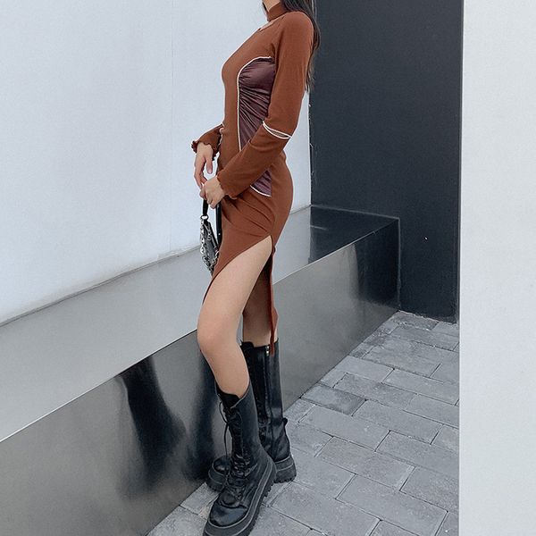 

stand patchwork long sleeve casual autumn dress side slit hollow out zippers pearl decoration vintage bodycon dress, Black;gray