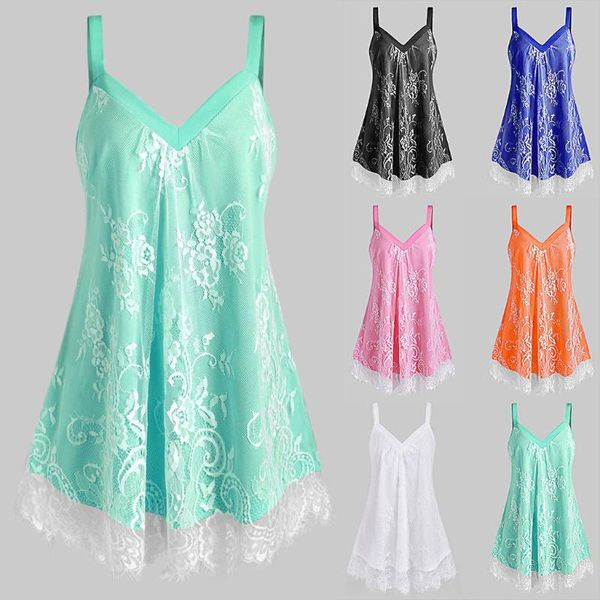 

women's tanks & camis plus size women netting floral lace overlay tank summer sleeveless lady blouse v neck solid beach shirt holiday t, White