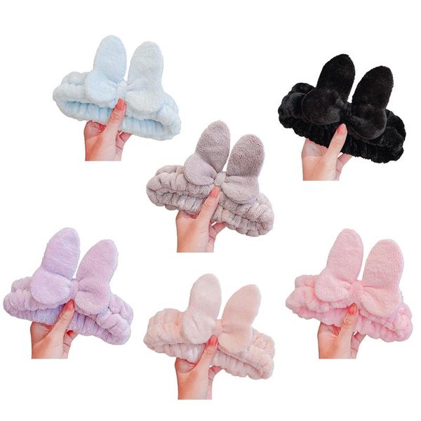 

women autumn plush headband cute cartoon butterfly bowknot hair hand face wash makeup spa shower elastic non-slip turban, Slivery;white