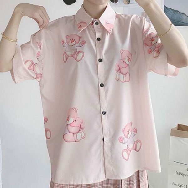 

2021 new deeptown kawaii moda impresso boto acima da camisa rosa solto casual bonito elegante manga curta blusa feminina s9gg, White