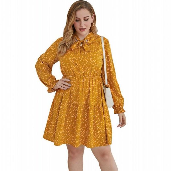 

fashion cascading ruffles a line dress for women 2021 autumn new full sleeve bow neck dot print sweet beach party dress vestidos, Black;gray