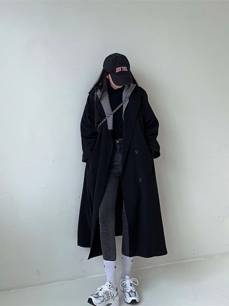 

women's trench coats black coat korean fashion autumn and winter 2021 all-match casual double breasted loose long sleeve womens, Tan;black