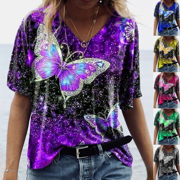 

2021 new spring summer short sleeve butterfly print t-shirt women's top, White