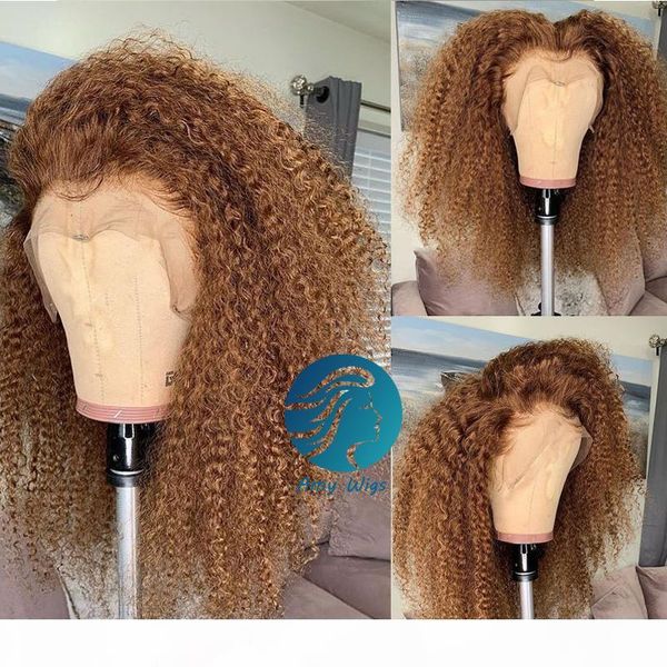 

150% honey blonde brown ginger color full lace wig kinky curly lace front human hair wigs for black women preplucked brazilian remy, Black;brown