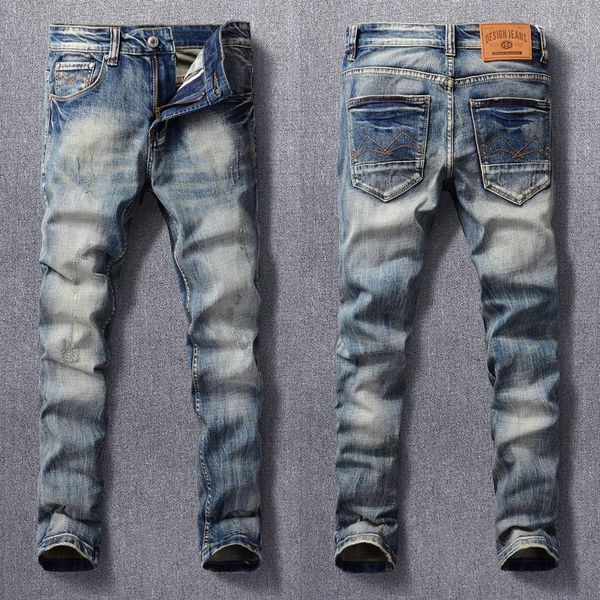 

men's jeans italian style fashion men retro blue elastic slim ripped vintage designer distressed casual cotton denim pants