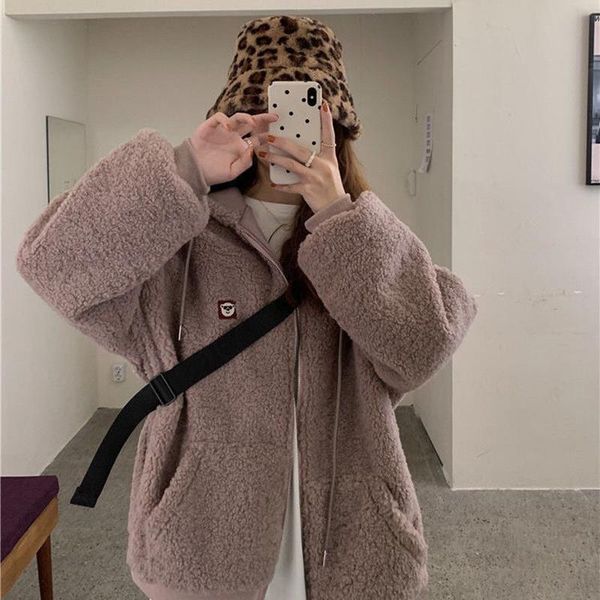 

women's wool & blends lamb coat warm plush hooded collar bear embroidery long sleeves loose wholesale 2021 fashion lady clothing, Black
